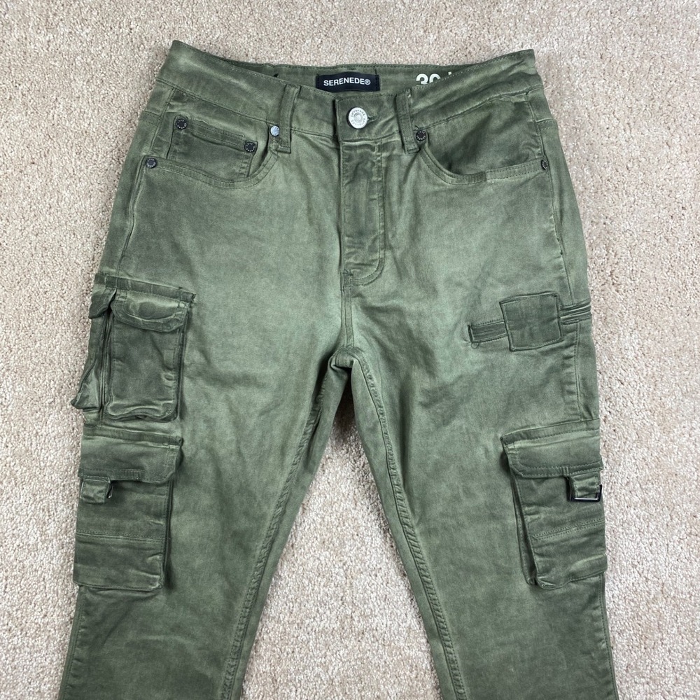 Serenede Mens Stacked Denim waxed Cargo Pants Olive Green Slim Fit Size 30